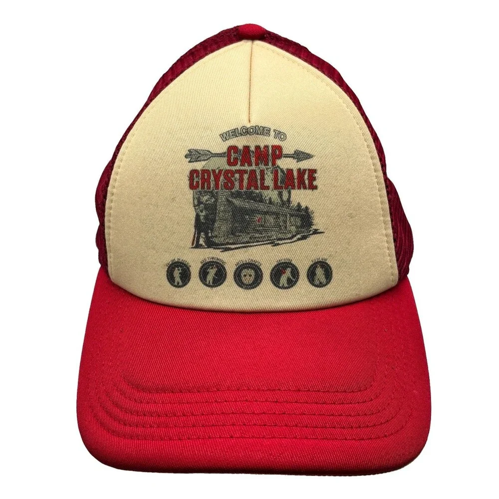 Friday The 13th Camp Crystal Lake Trucker Hat Snapback Red Beige Mesh Horror